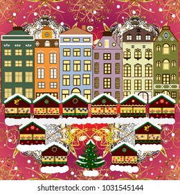 Urban winter landscape. Flat design. Snowy street. Vector illustration. Christmas card Happy Holidays banner.