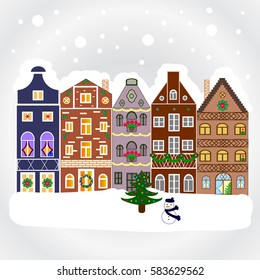 Urban winter landscape. Flat design. Snowy street. Vector illustration. Christmas card Happy Holidays banner.