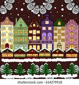Urban winter landscape. Flat design. Christmas card Happy Holidays banner. Vector illustration. Snowy street.