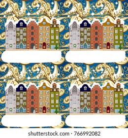 Urban winter landscape. Flat design. Snowy street. Christmas card Happy Holidays banner. Vector illustration.