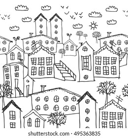 Urban winter landscape seamless pattern. Sketch. black and white hand-drawn background for wallpaper, pattern fills, web page background,surface textures. Adult Coloring. Vector