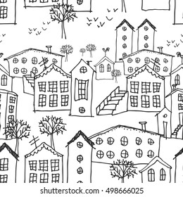Urban winter landscape seamless pattern. Sketch. black and white hand-drawn background for wallpaper, pattern fills, web page background,surface textures. Adult Coloring. Vector