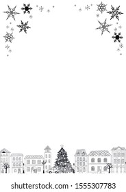 Urban winter landscape, Snowy street, Christmas card Happy Holidays, Vector illustration,pencil drawing.