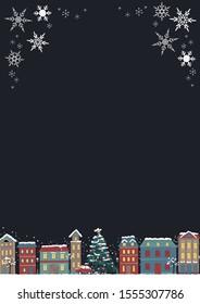 Urban winter landscape, Snowy street, Christmas card Happy Holidays, Vector illustration,pencil drawing.
