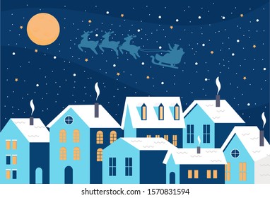 Urban winter landscape. Snowy street and Santa with deers. Vector illustration can use for the design of brochures, banners, flyers, card.