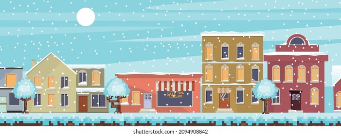 Urban winter landscape. Snowy street. Christmas card Happy Holidays banner. Vector 