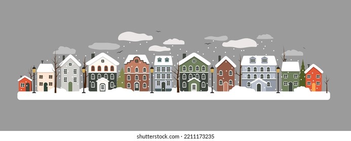 Urban winter landscape. Snowy street. Christmas card Happy Holidays banner. Vector illustration flat design.