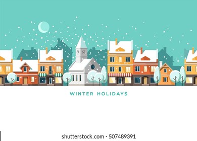 Urban Winter Landscape. Snowy Street. Christmas Card Happy Holidays Banner. Vector Illustration Flat Design.