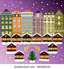 Urban winter landscape. Snowy street. Vector illustration. Christmas card Happy Holidays banner. Flat design.