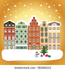 Urban winter landscape. Snowy street. Flat design. Christmas card Happy Holidays banner. Vector illustration.