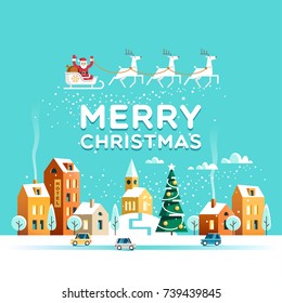 Urban winter landscape. Snowy street. Santa Claus with deers in sky above the town. Merry Christmas and Happy New Year greeting card. Vector illustration.