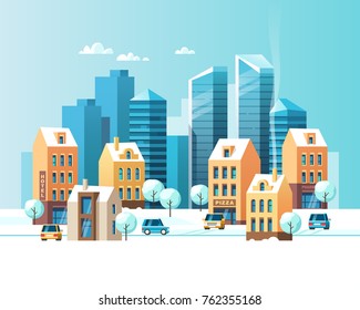 Urban winter landscape. Snowy street. Vector illustration. 