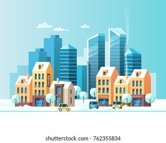 Urban winter landscape. Snowy street. Vector illustration.