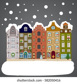 Urban winter landscape. Vector illustration. Christmas card Happy Holidays banner. Flat design. Snowy street.