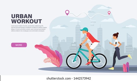 Urban workout and outdoor activity concept. Landing page design for cycling, running training. Modern Vector illustration for websites