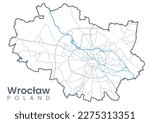 Urban Wroclaw map. Detailed map of Wroclaw, Poland. City poster with streets and Odra River. Light stroke version.