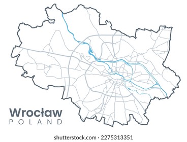 Urban Wroclaw map. Detailed map of Wroclaw, Poland. City poster with streets and Odra River. Light stroke version.