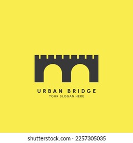 Urban yellow bridge logo. Ancient bridge pictogram silhouette. Simple retro design style. Suitable for statue building.