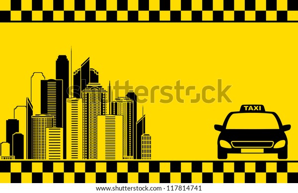 urban\
yellow business card with taxi and city\
silhouette