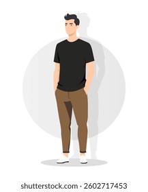 Urban Young Man in Black T-Shirt and Khaki Pants with Sneakers