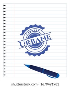 Urbane emblem drawn with pen. Blue ink. Vector Illustration. Detailed.
