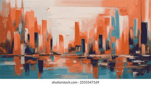 Urban-inspired aesthetic, vertical strokes in vibrant orange and muted turquoise converge in an abstract design full of energy, texture, and contrast