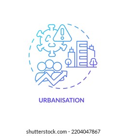 Das Symbol für das Konzept des blauen Farbverlaufs der Urbanisierung. Virusverbreitung. Grund für ein erhöhtes Risiko einer Pandemie abstrakte Idee dünne Linie Illustration. Einzeln Umrisszeichnung. Verwendung von Myriad Pro-Bold-Schriftarten