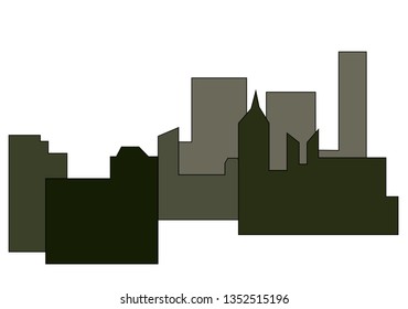 Urbanism. City landscape. Landscape of urban buildings. Buildings in an urban environment. City silhouette in green and gray tones
