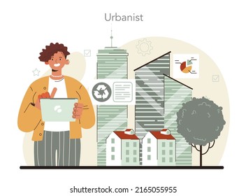 Urbanist concept. Architect studying and developing urban structure. Contemporary architecture study, city construction. Flat vector illustration