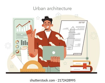 Urbanist concept. Architect studying and developing urban structure. Contemporary architecture study, city construction. Flat vector illustration