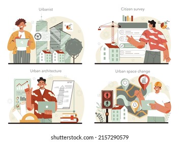 Urbanist concept set. Architect studying and developing urban structure. Contemporary architecture study, city construction. Flat vector illustration