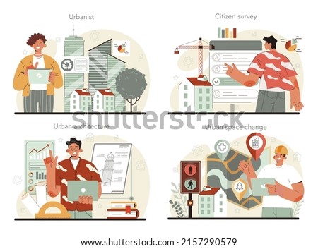 Urbanist concept set. Architect studying and developing urban structure. Contemporary architecture study, city construction. Flat vector illustration