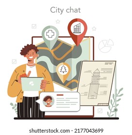 Urbanist online service or platform. Architect studying and developing urban structure. Contemporary architecture study. City chat. Vector illustration