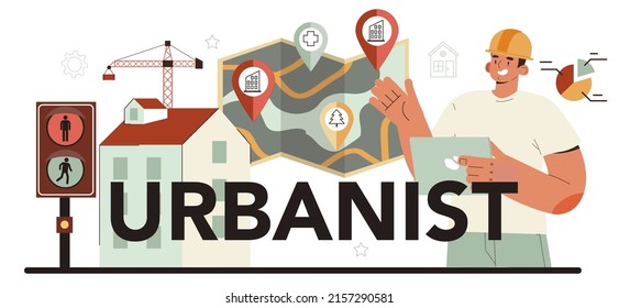 Urbanistische typografische Header. Architekt studiert und entwickelt städtische Struktur. Zeitgenössische Architekturstudie, Stadtbau. Flache Vektorgrafik