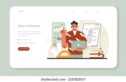 Urbanist web banner or landing page. Architect studying and developing urban structure. Contemporary architecture study, city construction. Flat vector illustration