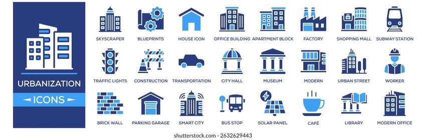 Urbanization and Architecture icon set. Containing design Skyscraper, City Skyline, Blueprints, House Icon, Office Building. Solid icon collection.