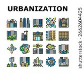 urbanization city development icons set vector. infrastructure, metropolis expansion, urban, sprawl megacity, transportation urbanization city development color line illustrations