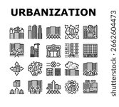 urbanization city development icons set vector. infrastructure, metropolis expansion, urban, sprawl megacity, transportation urbanization city development black contour illustrations
