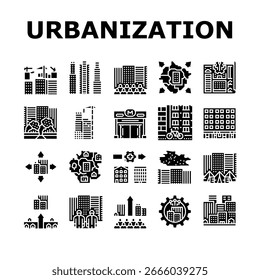 Urbanisierung Stadt Entwicklung Icons gesetzt Vektor. Infrastruktur, Metropolenerweiterung, Stadt, Zersiedelung Megastadt, Verkehr Urbanisierung Stadtentwicklung Piktogramm Illustrationen
