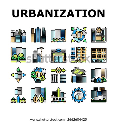 urbanization city development icons set vector. infrastructure, metropolis expansion, urban, sprawl megacity, transportation urbanization city development color line illustrations