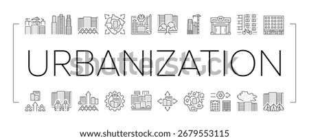 urbanization city development icons set vector. infrastructure, metropolis expansion, urban, sprawl megacity, transportation urbanization city development black contour illustrations