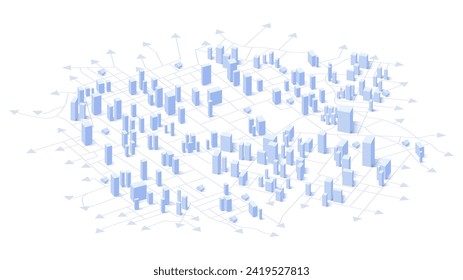 Concepto de urbanización, paisaje urbano en el mapa con líneas interconectadas. Abarca el crecimiento de las zonas urbanas. Refleja la concentración de la población, la creciente interconexión de los espacios urbanos. Vector