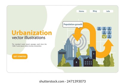 Urbanization concept. Dynamic growth of city structures, driven by population increase, visualized with arrows and checkboxes. Expanding cities, modern development. Flat vector illustration