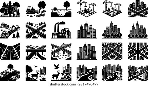Urbanization and Deforestation Environmental Impact Icon Set with Forest Clearing Industrial Factory City Construction Buildings Highways and Habitat Loss Symbols.eps