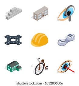 Urbanized icons set. Isometric set of 9 urbanized vector icons for web isolated on white background