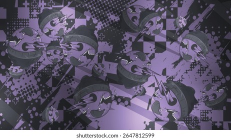 Urban-style abstract vector background with grunge elements, dark purple color, and unique electric ball characters.