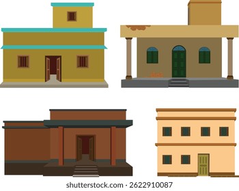 Urban-Style Village House Vector Pack – Flat Roof Traditional Indian Homes with Modern Rural Architecture Designs