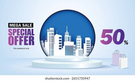Urban-themed sale banner with modern city buildings, podium stage, and 50% discount text, ideal for promotions and advertisements.