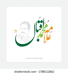 Urdu and English calligraphy of Allama Muhammad Iqbal means National Poet of Pakistan with grey background