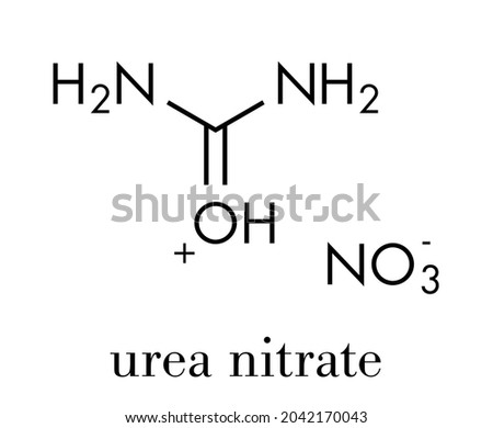Urea nitrate high explosive molecule. Prepared by reacting urea with nitric acid and commonly used in improvised explosive devices (IEDs). Skeletal formula.